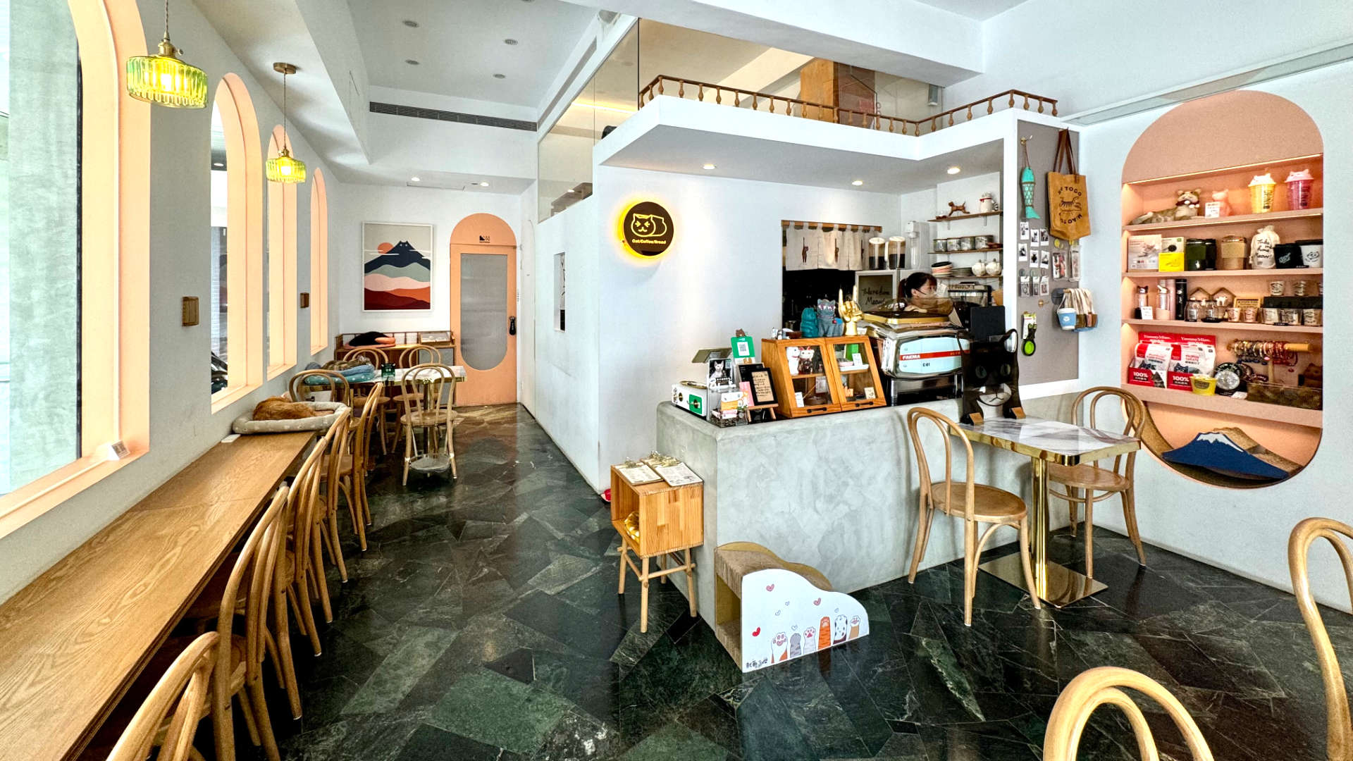 A wide-angle view of the cafe interior. There are seats lined up under the windows on the left with cats sleeping on cat beds further along the left side. On the right are some chairs and tables, and shelving covered in cat-themed items.