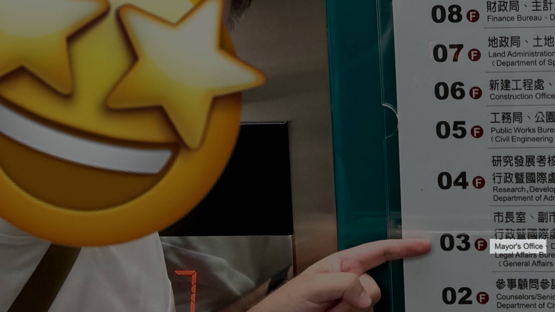 Star-faced emoji covering the real face of a man pointing at the third-floor Mayor’s Office listing on an elevator directory.