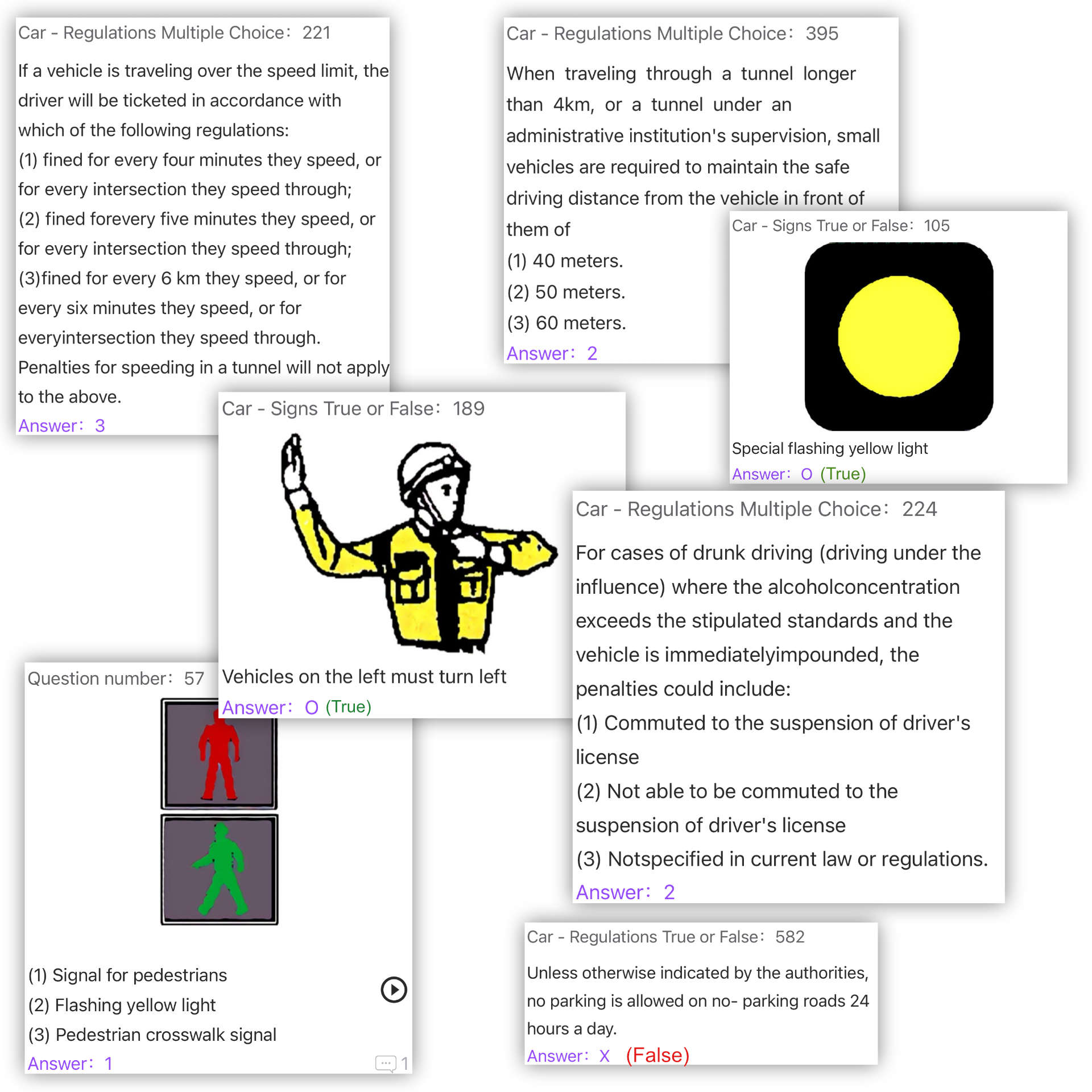 Screenshots of 7 questions and answers from the Taiwan car driver's license theory exam.