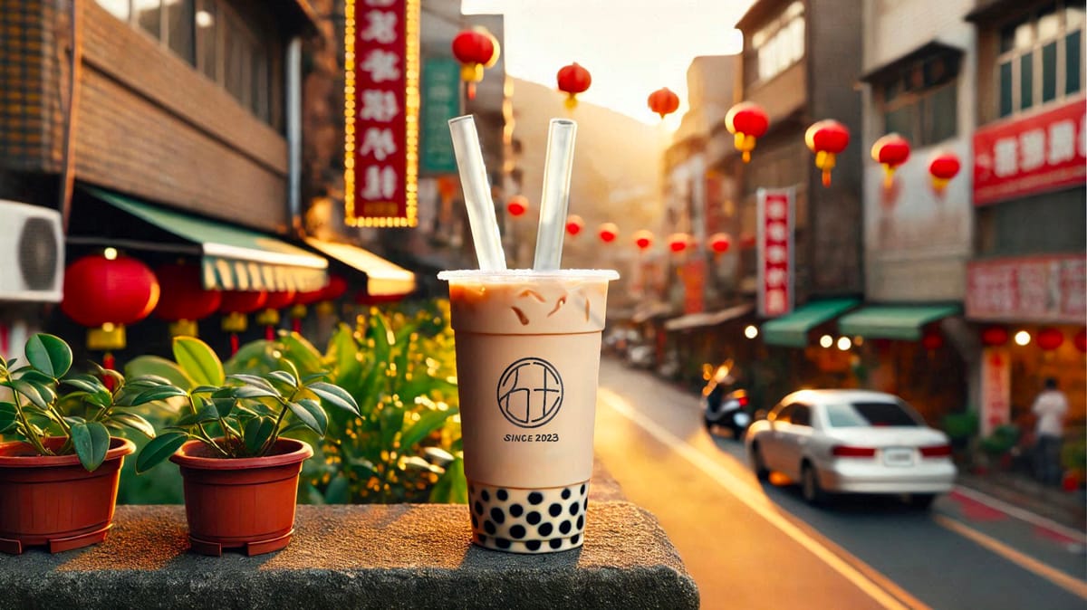 AI-generated image of a cup of bubble tea with two straws, on a street ledge in Taiwan.